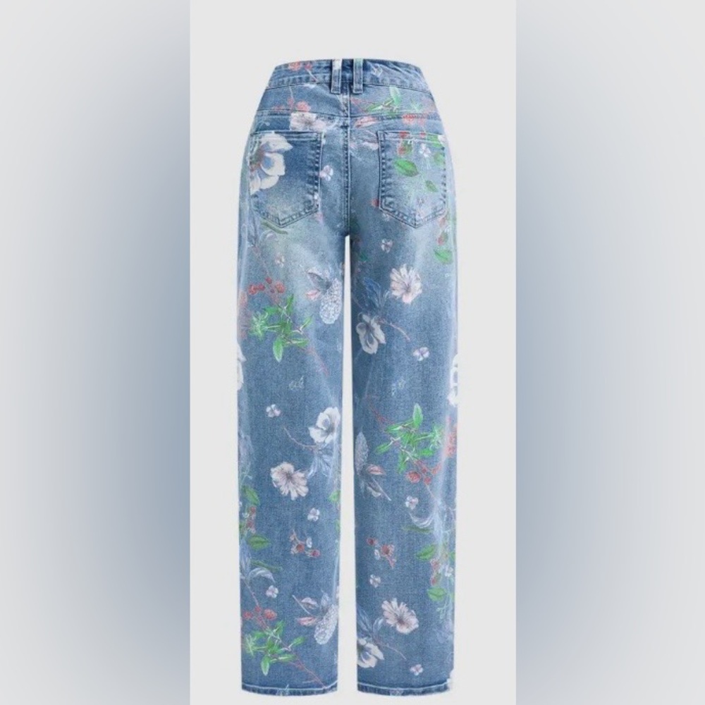 Flamingals Floral Pattern Wash Straight Leg High Waist Jeans - Picture 7 of 10